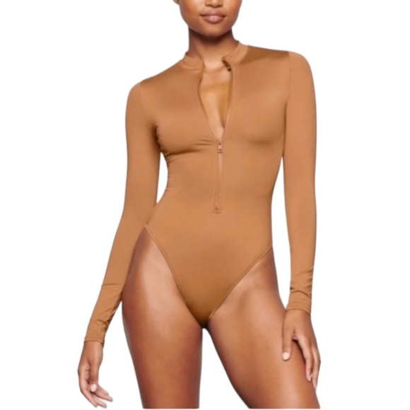 SKIMS Other - SKIMS Swim Zip Front Long Sleeve One Piece Swimsuit Almond 4X ASO Kim Kardashian